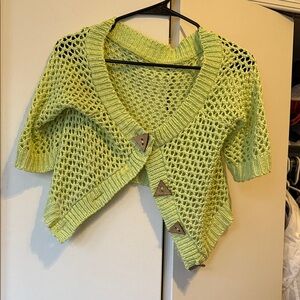 Y2K Lime Green Crochet Off-Shoulder Sweater With Shell Buttons